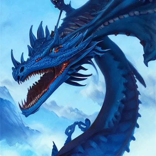 Image similar to huge blue dragon in flight by plutus su and chris scalf and lucas graciano and billy christian and alex konstad and mark zug, mountains, blue and white color palette, painting, d & d, fantasy, detailed, realistic, complimentary colors, light, artstation, cinematic, dramatic lighting, close up