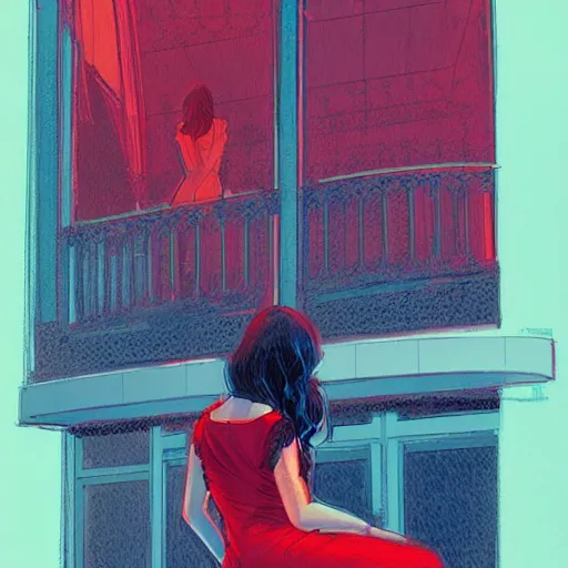 Image similar to a beautiful artwork of a woman in red dress sitting on the balcony of a hotel at night, top view, neon and rainy theme atmosphere by Jerome Opeña, featured on artstation