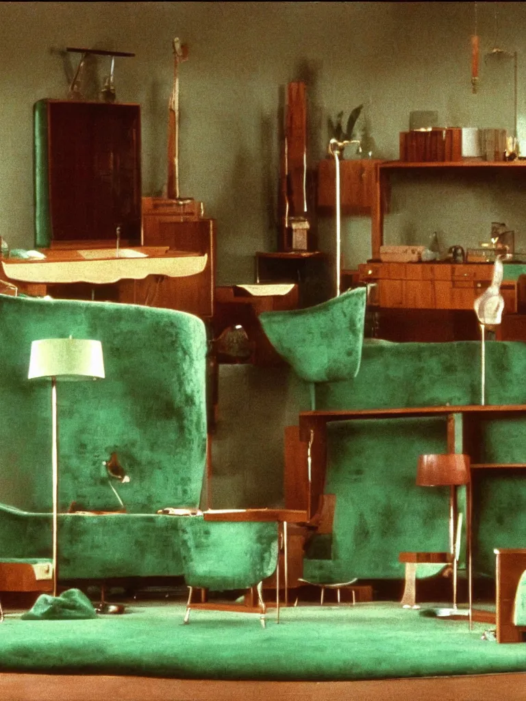 Image similar to a still of severance series indoor 7 0 s green velvet and wood with metal furniture office scenario appearing in a film of jodorowsky, in movie holy mountain ( 1 9 7 3 )