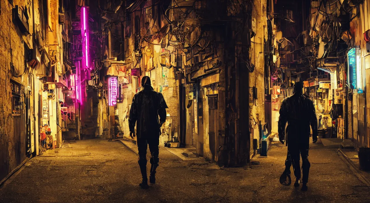 Image similar to a photo of a cyberpunk man walking in a medival village, the photo was taken from the ground looking up at the man's back, the city does not have any glowing lights, it is night time, the man has glowing neon pink and blue lights on his back, ultra high detail.