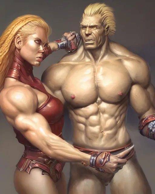 Image similar to female athletic body type and male warrior strong body type holding each other close by Boris Vallejo, moody, character design concept art, diablo, warcraft, hard surface, Character design, dramatic, highly detailed, photorealistic, digital painting, painterly, artstation, concept art, smooth, sharp focus, art by John Collier and Krenz Cushart and Artem Demura and Albert Aublet