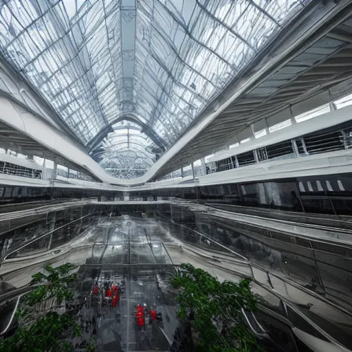 Prompt: lighting and a storm cloud, indoor view of the main hall of the largest building on earth, this kilometer tall megaconstruction has its own climate and biome. there is a thunderstorm inside the building