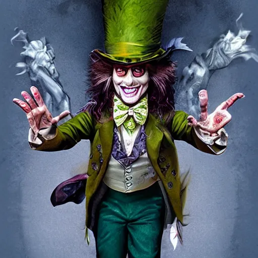 Image similar to Jim Carrey as mad hatter. epic game portrait. Highly detailed. D&D art by Michelangelo