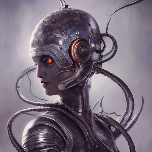 Image similar to tom bagshaw, curiosities carnival fallout, photorealistic medium shot soft paint of a single beautiful bald female full long futuristic metallic armor ornate tight metal tentacles helmet, face, gynoid cyborg body, accurate features, focus, very intricate ultrafine details, award winning masterpiece