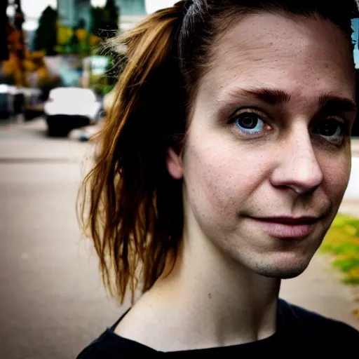 Prompt: iPhone portrait of an 20-something Canadian dressed in, light brown hair, green eyes, wearing a vintage black tshirt and jeans, pony tail, girl next door innocent look, on a sidewalk of Vancouver