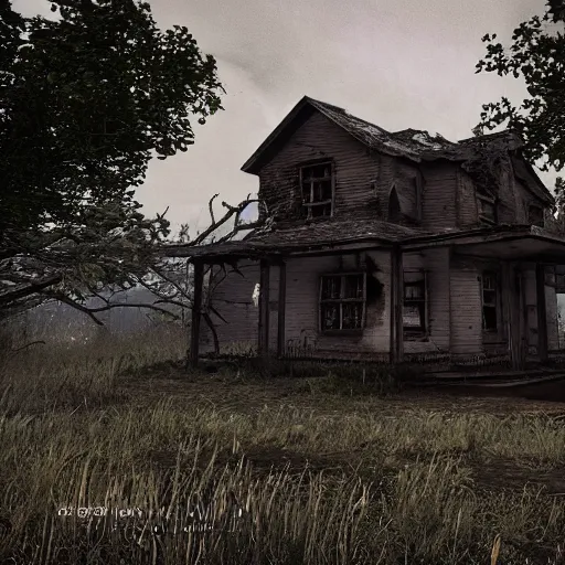 Prompt: There is an old, abandoned house on the edge of town that is said to be haunted. No one knows for sure what happened to the family who once lived there, but it is said that they were cursed. The house is said to be haunted by the spirits of the family members who died there, Realistic, Horror, Unreal Engine 4, Creepy,