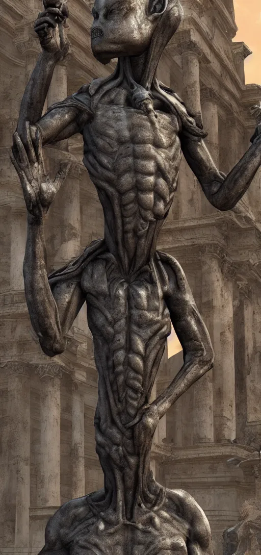 Image similar to alien statues in ancient rome, octane render, photorealism, highly detailed, hdr, 8 k, complex 3 d render, hyper detailed, ultra sharp