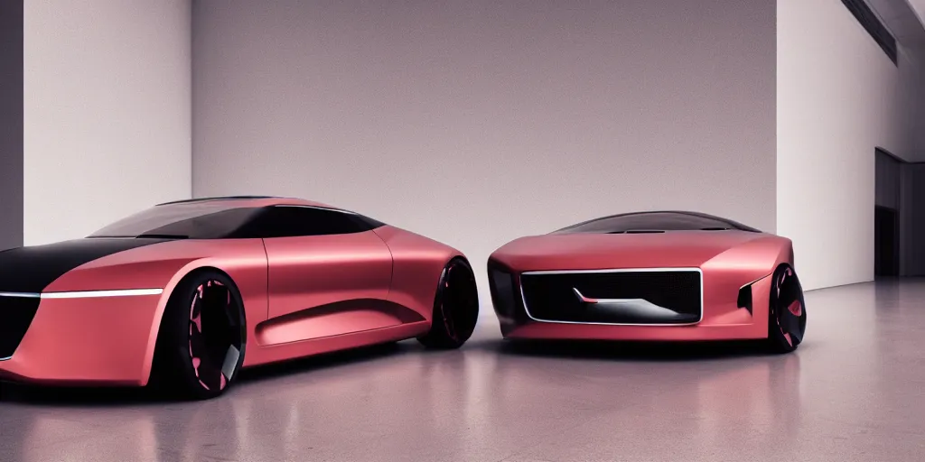 Prompt: a design of a futuristic car, designed by Polestar and DMC, vaporwave sunrise background, brushed red copper car paint, black windows, dark show room, dramatic lighting, hyper realistic render, depth of field