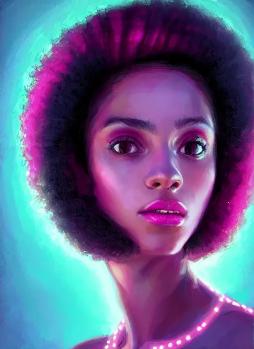 Image similar to portrait of teenage vanessa morgan with bright pink hair, black girl, curly pixie cut hair, wearing a purple breton cap, breton cap, hoop earrings, intricate, elegant, glowing lights, highly detailed, digital painting, artstation, concept art, smooth, sharp focus, illustration, art by wlop, mars ravelo and greg rutkowski