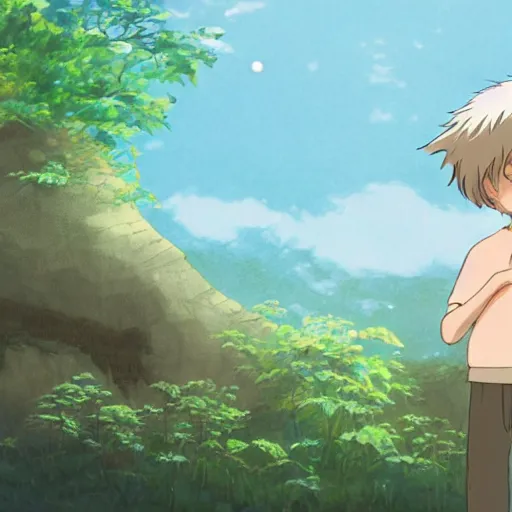 Image similar to friendly guy and small creature , with Fragile looking character portrait face made in Studio Ghibli artstyle ,highly detailed art, beautiful scene, sharp focus, smooth, 8k, anime art, fantasy, style in ghibli anime