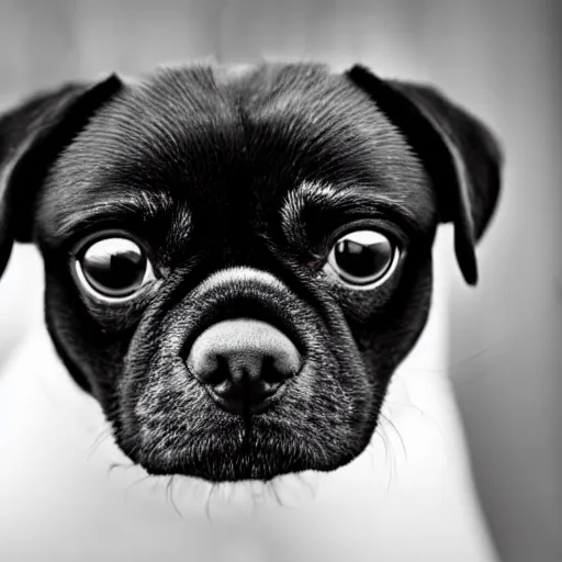 Prompt: a black pugalier looking straight in to the camera, symmetrical, macro photography, ambient light, perfect focus