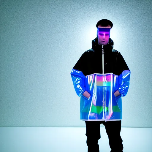 Image similar to an ultra high definition professional studio quality photograph of an artificial celebrity cyberpunk pop star wearing a transparent iridescent perspex pastel coloured face visor and matching raincoat on white coat hook in an icelandic black rock environment. dramatic lighting. volumetric shadows. light rays