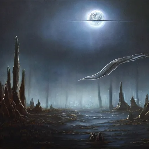 Prompt: big dark landscape wallpaper, out of this world fantasy, chilling overwhelming oil painting, brutal unforgiving creatures waiting in the shadows, hopeless and dreadful sounds