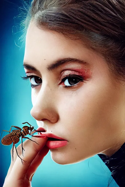 Image similar to a photo of a pretty woman with many ants on her face. movie poster. detailed. artistic. pretty