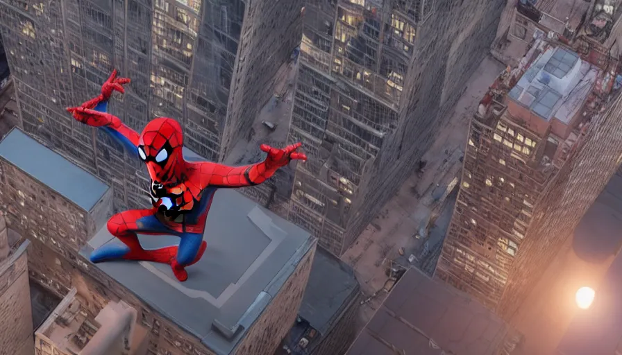 Image similar to spider - man on top of a building in new york watching the sunset, unreal engine 5, render, cg society