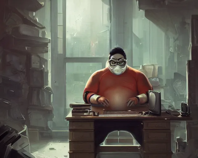 Image similar to an insanely detailed painting of a slightly chubby, nerdy asian man wearing a superhero costume and mask, sitting at a desk, staring at the nervously at the computer and typing, in the style of peter mohrbacher, dramatic lighting and composition, octane render, trending on artstation, concept art, comic book, view from behind