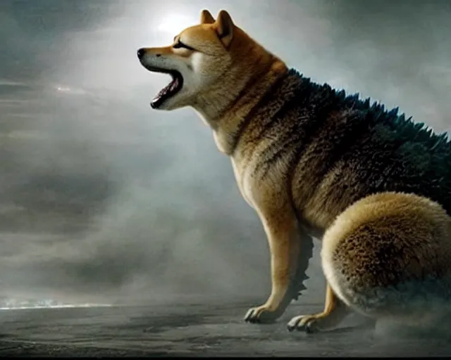 Image similar to godzilla as a shiba inu in a Godzilla: King of the Monsters still film directed by Christopher Nolan, shooting beams from its mouth and toppling over cities, epic action scene