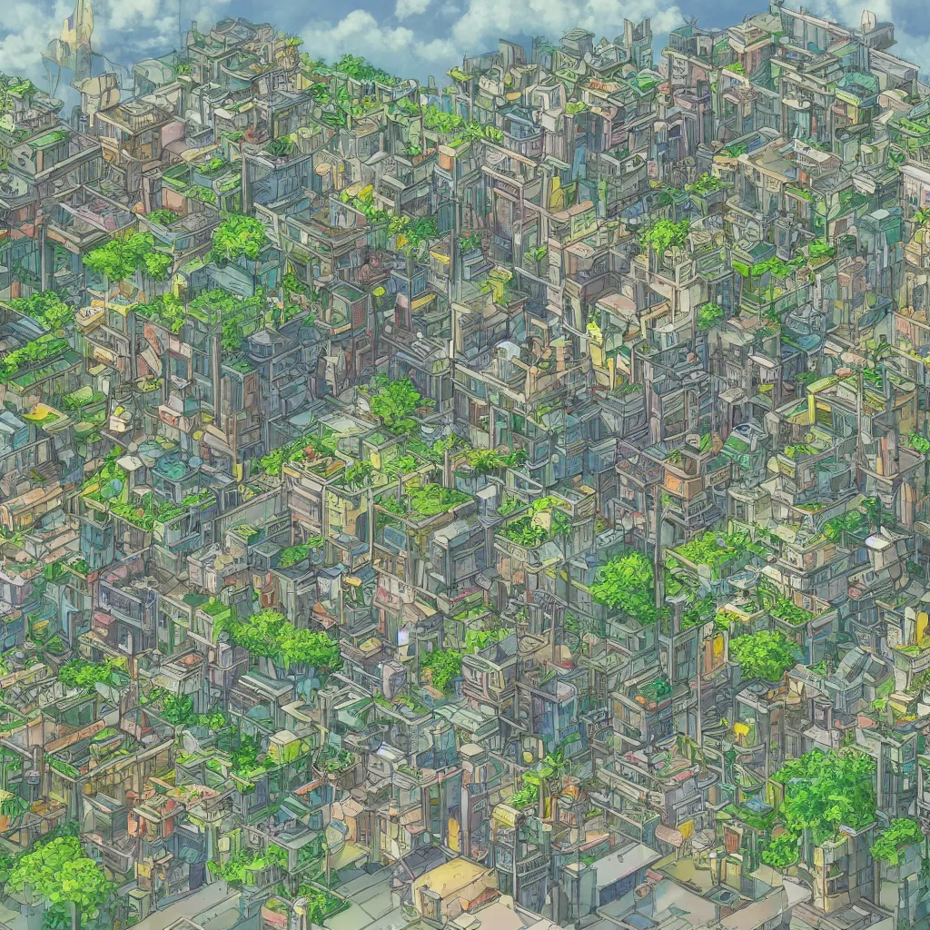 Image similar to a view of a solarpunk city in the style of studio ghibli