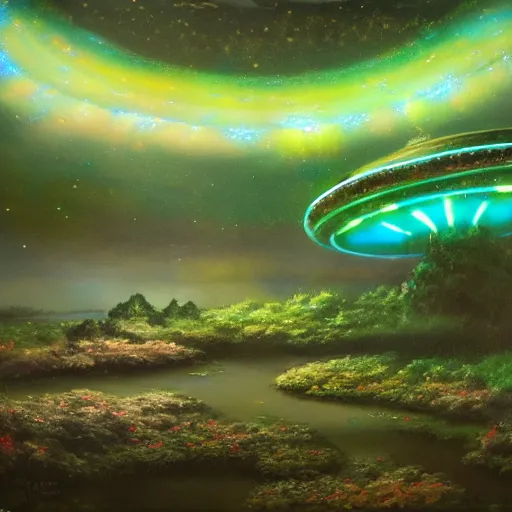 Prompt: ufo landing in strange alien landscape with unusual trees and luminescent flowers with glowing pond detailed airrush painting