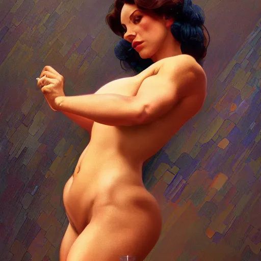 Image similar to modern woman | muscular | hyperrealistic | action pose | digital painting | trending on artstation | pinup portrait | clean | illustration | dressed | unreal engine 5 | 8 k resolution | rubenesque | by greg rutkowski alphonse mucha gustav klimt and mel ramos