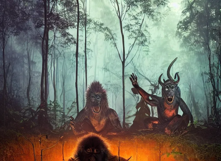 Image similar to a few safety cones in a beautiful strange forest, a man in a hairy gorrilla costume sri lankan yakka mahasohna devil beast in a mask stands in the center distance, cinematic painting by james jean, atomspheric lighting, moody lighting, dappled light, detailed, digital art, limited color palette, wes anderson, artstation, 2 4 mm lens, surreal