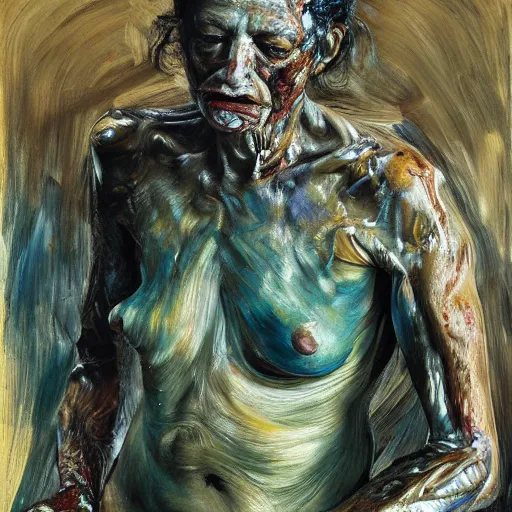 Image similar to high quality high detail painting by lucian freud and jenny saville, hd, dark demonic dancer, turquoise