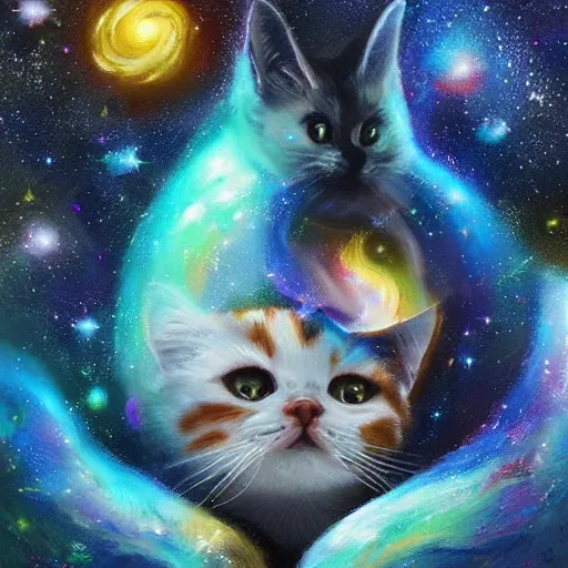 Prompt: a beautiful painting of galaxy shaped like cats,artstation,very detailed