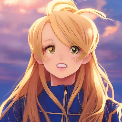 Image similar to blonde - haired princess, anime princess, wearing blue suit, golden hour, partly cloudy sky, sepia sun, strong lighting, strong shadows, vivid hues, ultra - realistic, sharp details, subsurface scattering, intricate details, hd anime, 2 0 1 9 anime