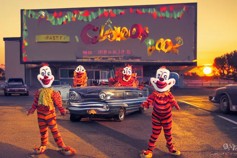 Image similar to 2 0 clowns leaving a clowncar at a california drive in, in 2 0 1 2, cutecore clowncore, bathed in the the glow of the sunset, low - light photograph, in style of henry selick