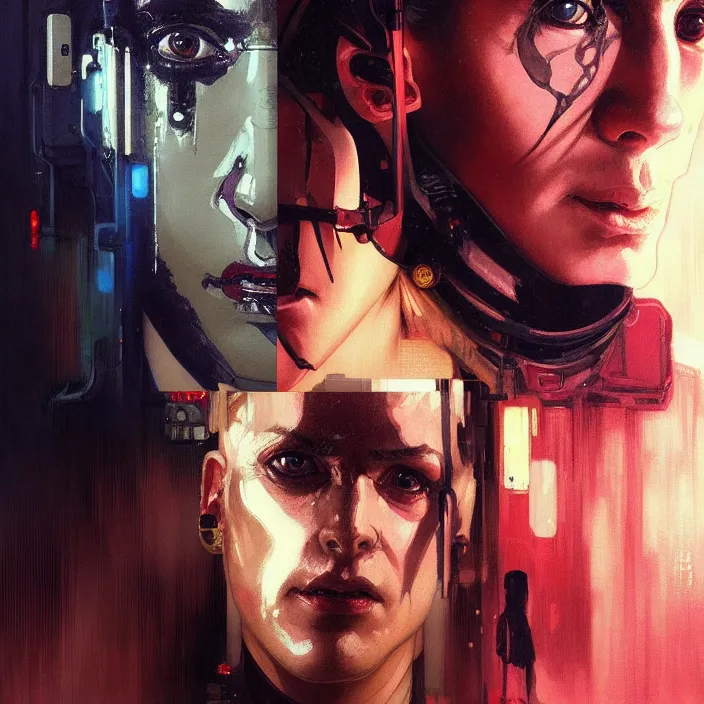 Image similar to excellent painted portrait of a replicant surgeon from blade runner (1982), cyberpunk art, character artwork, 8k resolution artwork, trending on artstation, detailed oil painting portrait, art by artgerm and greg rutkowski and alphonse mucha and craig mullins and James Jean and Andrei Riabovitchev and Marc Simonetti and peter mohrbacher