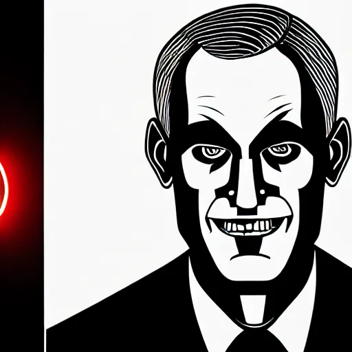 Image similar to digital portrait of secretary of denis mcdonough face with solid glowing eyes, cover art of graphic novel, evil laugh, menacing, Machiavellian puppetmaster, villain, simple style, solid colors, clean lines, clean ink, trending on artstation