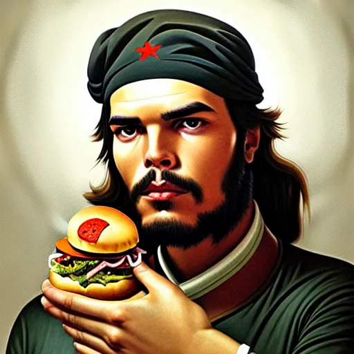 Image similar to portrait of che guevara eating hamburgers, extra onions and ketchup, luscious patty with sesame seeds, feminine ethereal, handsome, d & d, fantasy, intricate, elegant, highly detailed, digital painting, artstation, concept art, matte, sharp focus, illustration, art by artgerm and greg rutkowski and alphonse mucha