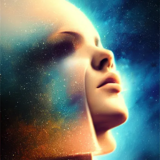 Prompt: sci - fi, close - up, 3 d, moon rays, stars, fashion model face closed eyes, cinematic, clouds, sun rays, poster art, blue mood, realistic painting, intricate oil painting, high detail illustration, figurative art, multiple exposure, water, 3 d, by tooth wu and wlop and beeple and greg rutkowski