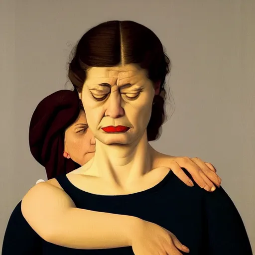 Prompt: a very angry mother is furious with her daughter by Raphael, Hopper, and Rene Magritte. detailed, romantic, enchanting, trending on artstation.