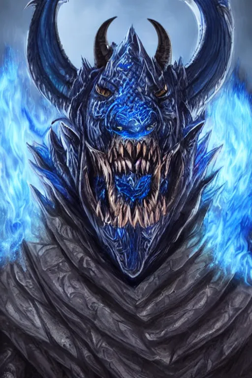 Image similar to a D&D character of a dark blue dragonborn with large tusks, only half of his face flaming with blue flame, he wears a black dragon scales armor, D&D art