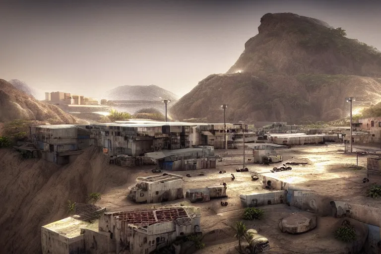 Image similar to favela hospital hangar bunker, desert environment, industrial factory, cliffs, gloomy, milky way, award winning art, epic dreamlike fantasy landscape, ultra realistic,