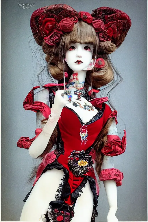 Prompt: 7 0 s album cover of an avant - garde japanese bjd geisha vampire queen with in victorian red dress in the style of dark - fantasy lolita fashion painted by yoshitaka amano, takato yamamoto, christopher shy, dmt art, symmetrical vogue face portrait, intricate detail, artstation, cgsociety, artgerm, gold skulls, rococo