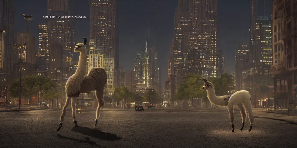 Image similar to a llama walking through a desolate manhattan city street at night, statue of liberty seen in the background, realistic 4 k octane beautifully detailed render, 4 k post - processing, highly detailed, intricate complexity, epic composition, magical atmosphere, cinematic lighting, masterpiece, ultra hd