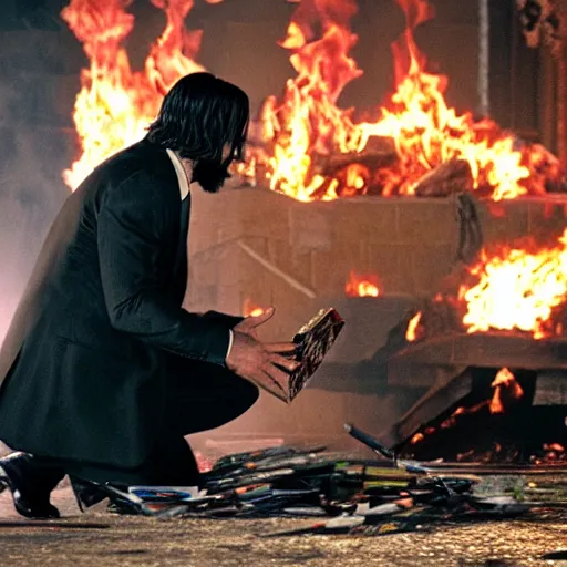 Prompt: cinematic still of John Wick burning a pile of CDs in John Wick (2009). shallow depth of field, cinematic