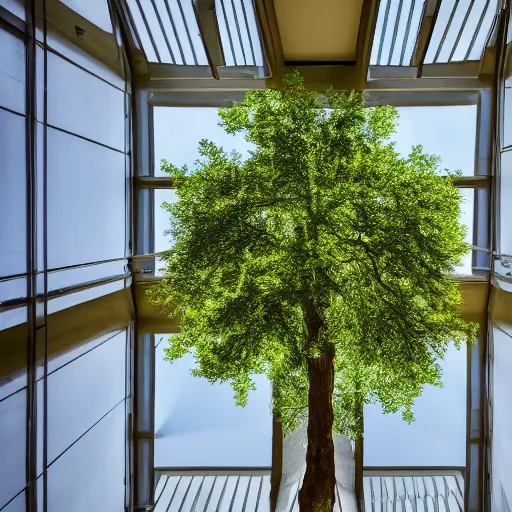 Prompt: an oak tree growing in an atrium, natural light, photo, 4 k