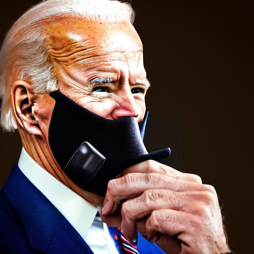 Image similar to uhd candid photo of joe biden wearing a anti - biting muzzle, with accurate face, real anti - biting muzzle, uhd, studio lighting, correct face, photo by annie leibovitz