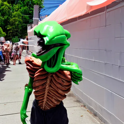 Prompt: xenomorph eating ice cream on a hot sunny day, photography