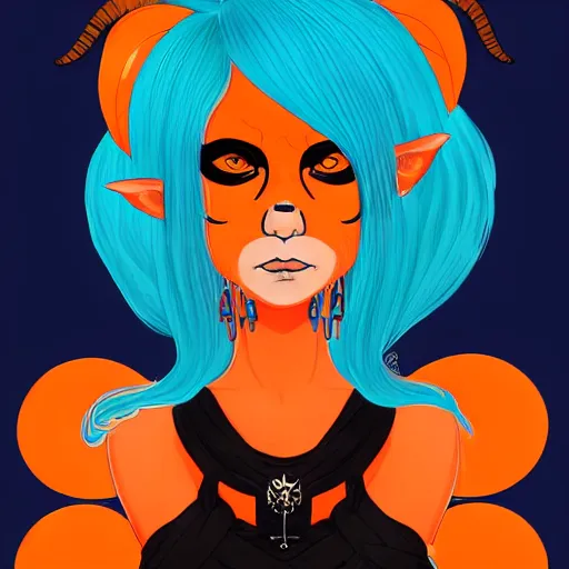 Image similar to illustrated portrait of ram-horned devil woman with blue bob hairstyle and colored orange skin tone and with solid black eyes and black sclera wearing leather by rossdraws