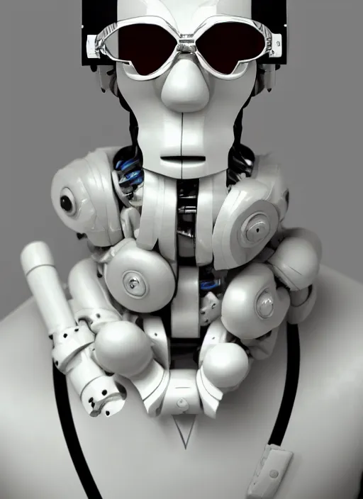 Image similar to portrait of a futuristic bone ceramic guapo humanoid robot Spanish with a handsome face wearing cholo shades and muscular body reclining, macho, piroca, dotado, guapo, matte surface, trending on cgsociety