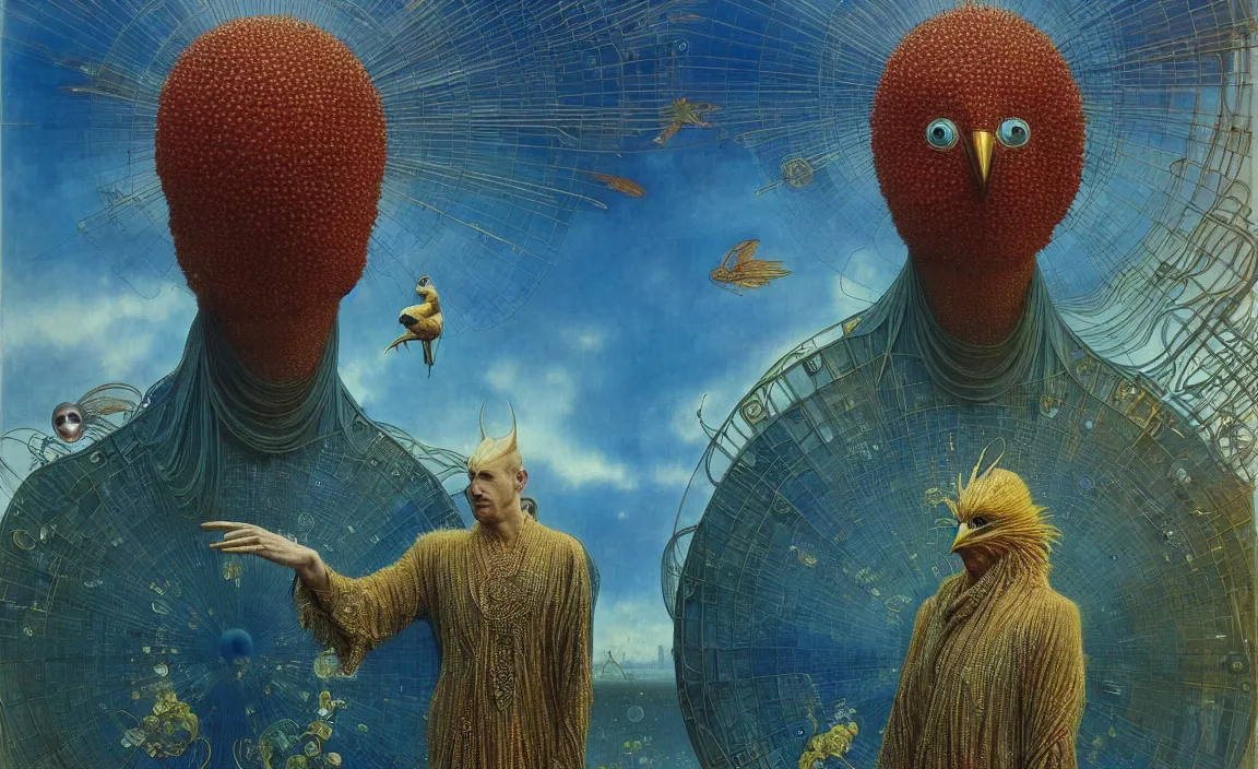 Image similar to realistic detailed portrait movie shot of a birdman wearing reflective transparent robes, sci fi city landscape background by denis villeneuve, amano, yves tanguy, alphonse mucha, ernst haeckel, max ernst, roger dean, masterpiece, rich moody colours, blue eyes