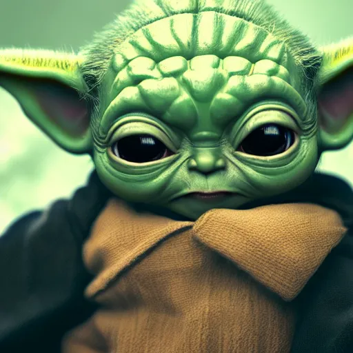 Image similar to portrait of baby yoda as a middle-aged man, au naturel, hyper detailed, digital art, trending on artstation, cinematic lighting, studio quality, smooth render, unreal engine 5 rendered, octane rendered, art style by klimt and nixeu and ian sprigger and wlop and krenz cushart