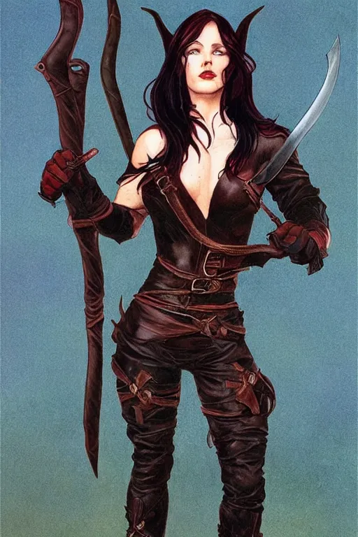 Image similar to Full body portrait of a beautiful female Half-Elf Rogue in high heeled leather boots in the style of Gerald Brom