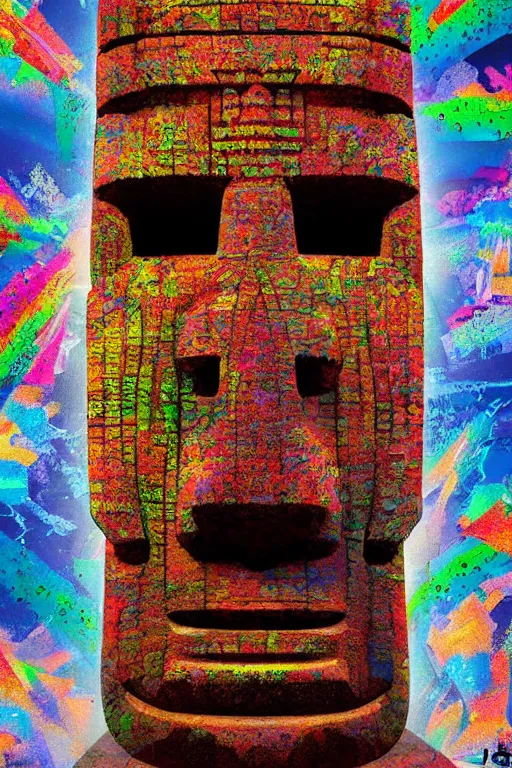 Prompt: geometric intricate moai statue digital illustration cartoon graffity street comics colorful beeple, by thomas kinkade