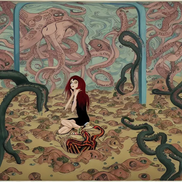 Image similar to tall female emo artist holding an octopus in a flooded cafe, octopus, water gushing from ceiling, painting of flood waters inside a cafe, a river flooding indoors, pomegranates, pigs, ikebana, water, octopus, river, rapids, waterfall, black swans, canoe, berries, acrylic on canvas, surrealist, by francesco clemente