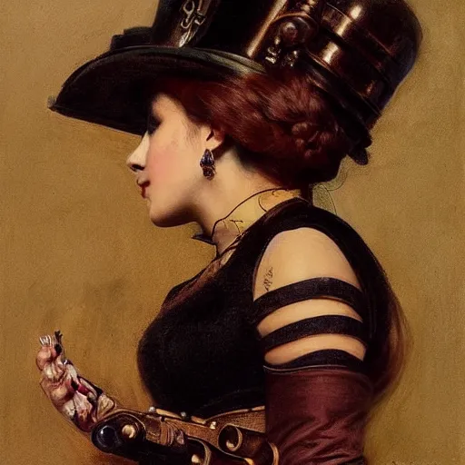 Image similar to Portrait of a steampunk Ariana Grande, elegant, mechanical, broad detail, shadows, vintage shading, by Ilya Repin